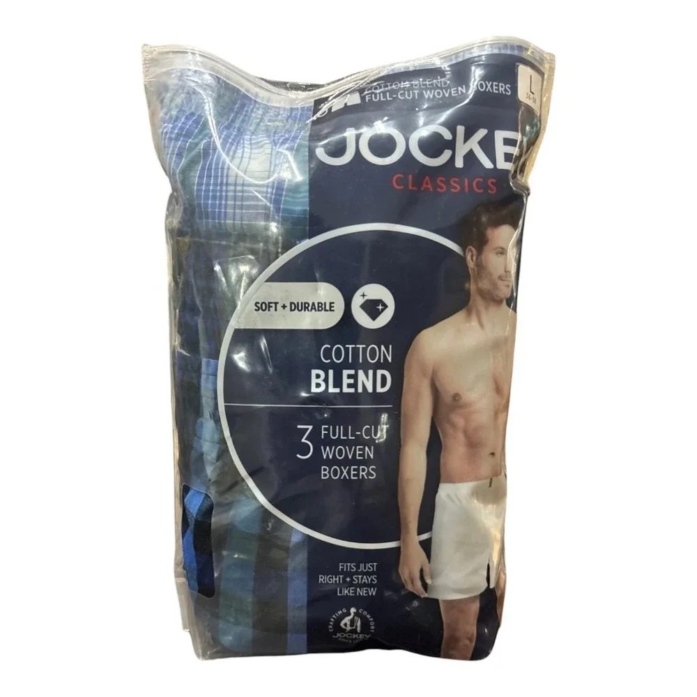 Jockey‎ Men's 3-Pack Woven Boxers LARGE (Blue And Green Plaid)- New!